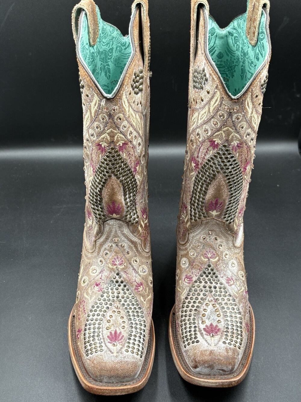 Corral Metallic Brown Embellished Western Booties with Teal Lining